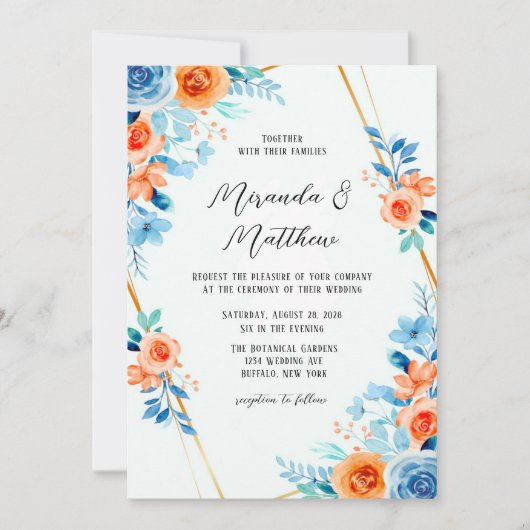 春絵を描ブルーオレンジウォーターフローラ結婚ズ 招待状 (正面)
