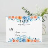 春絵を描ブルーオレンジ花模様ウェディングRSVPカード 招待状 (スタンド正面)