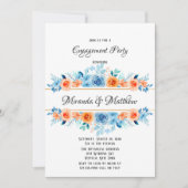 春絵を描ブルーオレンジ花模様婚約パーティ 招待状 (正面)