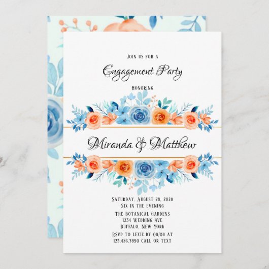 春絵を描ブルーオレンジ花模様婚約パーティ 招待状 (正面/裏面)