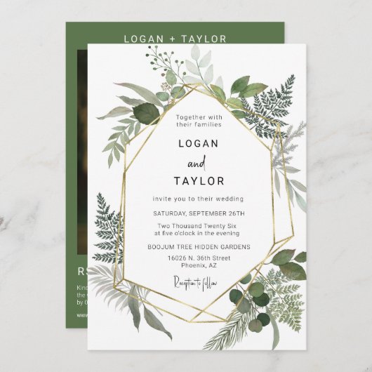 春緑植物緑金ゴールドフレームQRコード 招待状 (正面/裏面)