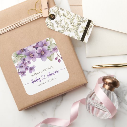 春繊細な紫色の花ベビーシャワー スクエアシール (ギフト)