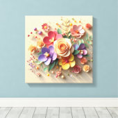 春花3Dグリーティングカード – 鮮やかバラ キャンバスプリント (インサイチュ (ウッドフロア))