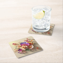 春花3Dグリーティングカード – 鮮やかバラ スクエアペーパーコースター