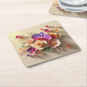 春花3Dグリーティングカード – 鮮やかバラ スクエアペーパーコースター (アングル)