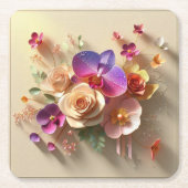 春花3Dグリーティングカード – 鮮やかバラ スクエアペーパーコースター (正面)