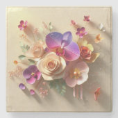 春花3Dグリーティングカード – 鮮やかバラ ストーンコースター (正面)