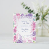 春薄紫花フローラ結婚式の保存日付 案内ポストカード (スタンド正面)