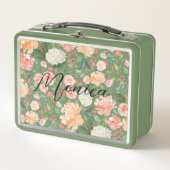 春赤面とピーチウォーター色花模様グリーン メタルランチボックス (正面)