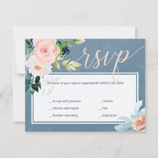 春赤面ピンクと埃っぽい青い牡丹結婚の 出欠カード (正面)