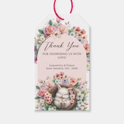 春赤面ピンクフローラバニーベビーガールシャワー ギフトタグ (正面)