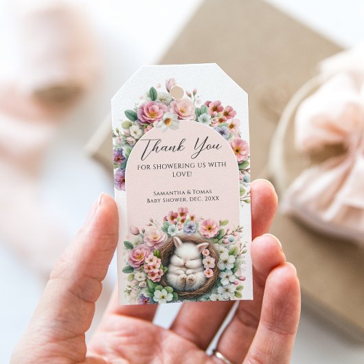 春赤面ピンクフローラバニーベビーガールシャワー ギフトタグ