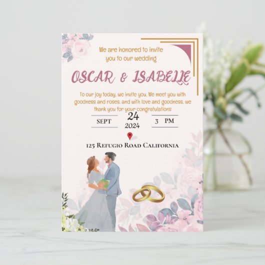 春赤面ピンクフローラフレーム結婚式招待状 招待状 (スタンド正面)