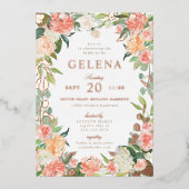 春赤面ピーチウォーターカラーフローラブライダルシャワー 箔招待状 (正面)