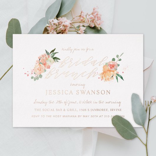 春赤面ピーチウォーターカラーフローラブライダルブランチ 箔招待状