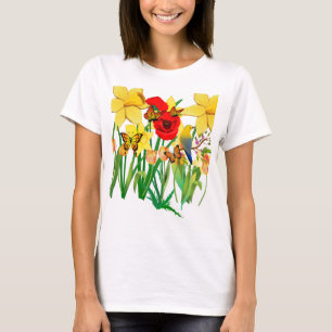 春開花と蝶と松の鳥 Tシャツ