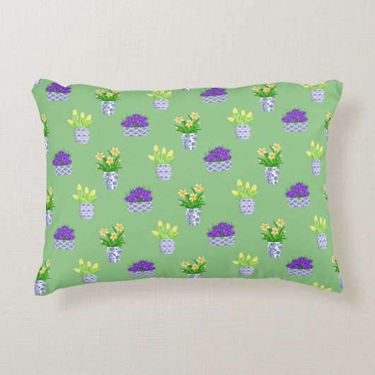 春開花イン青と白ポットアクセント枕 アクセントクッション (正面)