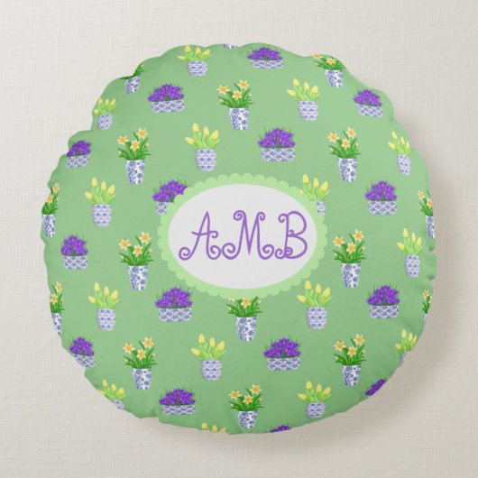 春開花イン青と白ポットアクセント枕 ラウンドクッション (正面)