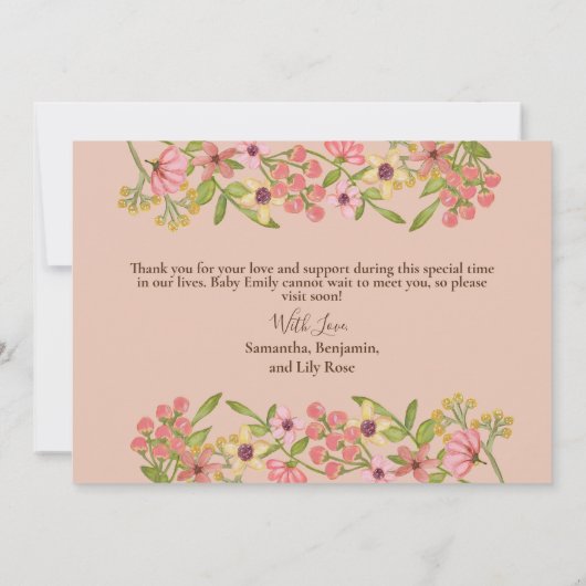 春開花ピンクフローラスウィートベビーガール誕生アン 案内状 (裏面)