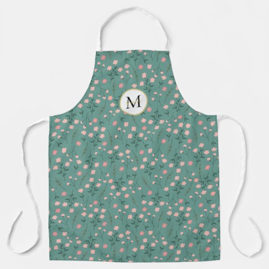 '春開花'、ティール(緑がかった色)&ピンクフローラ カスタマイズ エプロン (正面)