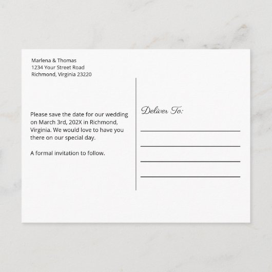 春離れ水の色の結婚式の日付を保存 案内ポストカード (裏面)