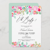 春鮮やかなピンクのフローラ水の色ベビーシャワー 招待状 (正面/裏面)