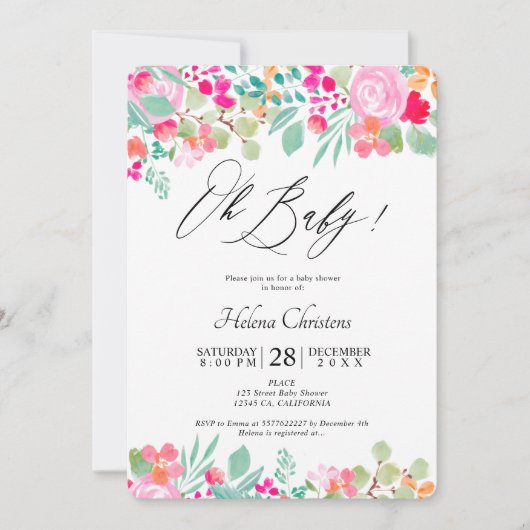 春鮮やかなピンクのフローラ水の色ベビーシャワー 招待状 (正面)