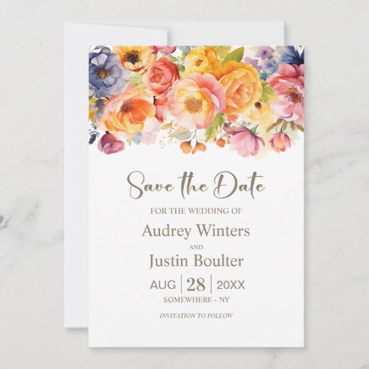 春鮮やかフローラ結婚式の日付の保存 招待状 (正面)