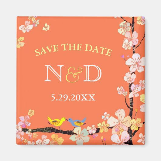 春鳥裏庭の結婚式の日付を保存 マグネット (正面)