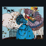 春鳥/ファッション衣装デザイナー ポスター<br><div class="desc">美し鮮やかい女の子と飲み水の美しいイラストレーションとクラスの高いフランスのアールデコ春、白黒、黄色、アクアブルー、緑の色</div>