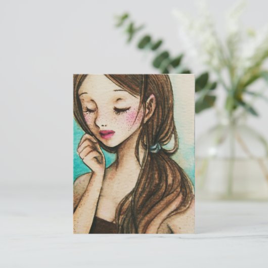 春(そばかすの水彩画の芸術のかわいい女の子) ポストカード (スタンド正面)