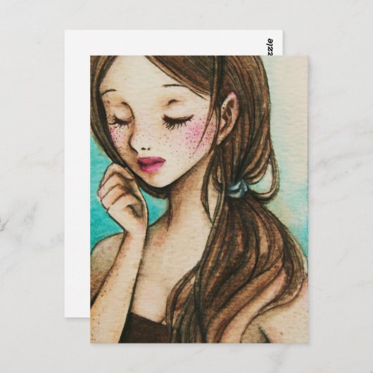 春(そばかすの水彩画の芸術のかわいい女の子) ポストカード (正面/裏面)