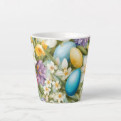 春。スイセン、ヒアシンス、チューリップ、イースターエッグ カフェラテマグ (正面)