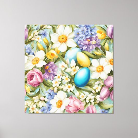 春。スイセン、ヒアシンス、チューリップ、イースターエッグ キャンバスプリント (正面)
