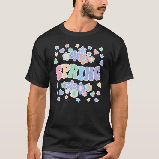 春-レトロGroovyヴィンテージ、花、ハート、星 Tシャツ (正面)