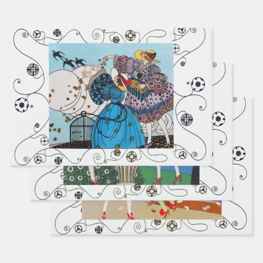 春,夏,秋のアールデコ美しいファッション ラッピングペーパーシート (セット)