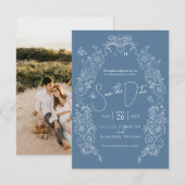 春（紋章の）フラ・ダ・リアートブルー白結婚写真 セーブザデート (正面/裏面)