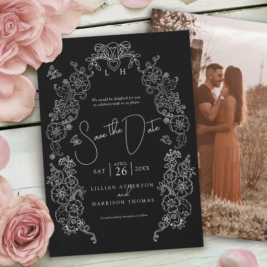 春(紋章の)フラ・ダ・リアート白黒結婚写真 セーブザデート