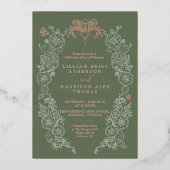 春（紋章の）フラ・ダ・リ結婚のセージ・グリーン 箔招待状 (正面)