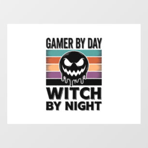 昼はゲーマー、夜は魔女 レトロハロウィンデザイン ウィンドウサイン