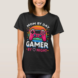 昼はママ、夜はゲーマー: レトロサンセットピンク Tシャツ
