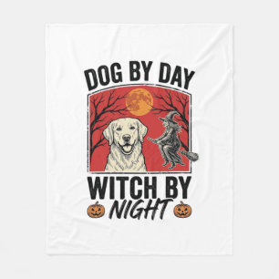 昼は犬、夜は魔女のビンテージ・ハロウィン・ドッグ デ フリースブランケット