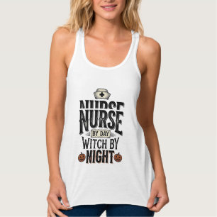 昼は看護師、夜は魔女のハロウィンTシャツデザイン タンクトップ