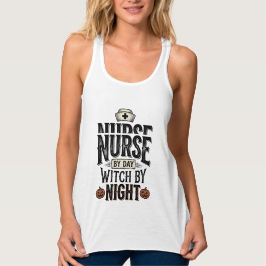 昼は看護師、夜は魔女のハロウィンTシャツデザイン タンクトップ (正面)