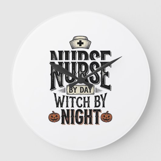 昼は看護師、夜は魔女のハロウィンTシャツデザイン ラージ壁時計 (正面)