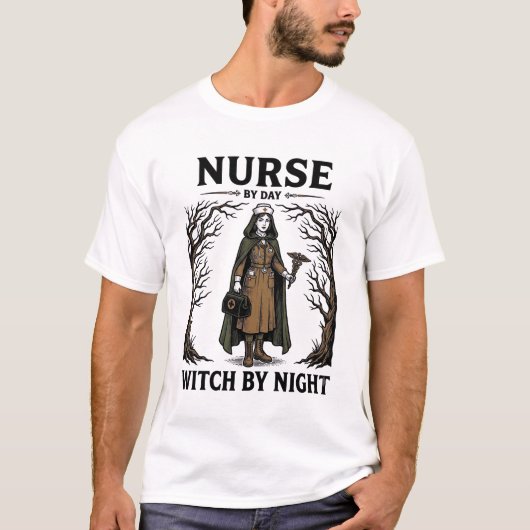 昼は看護師、夜は魔女のビンテージハロウィン Tシャツ (正面)