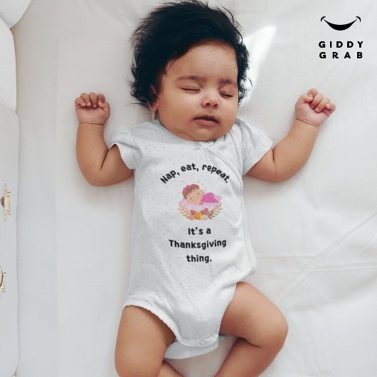 昼寝食べ、リピートおもしろい感謝祭引用文 ベビーボディスーツ