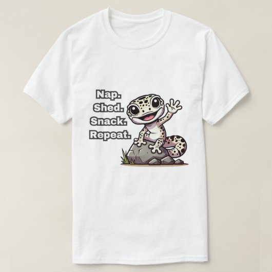 昼寝。シェッド。スナック。繰り返す。ヒョウおもしろいゲッコ Tシャツ (デザイン正面)