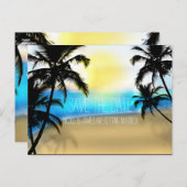 昼間のビーチ + ヤシの木 Save The Date ポストカード (正面/裏面)