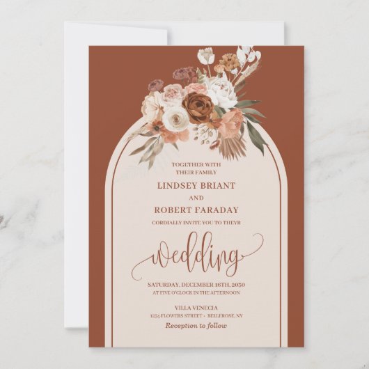 時の流れを感じさせないテラコッタ色の美しいパンパスグラスと花をあしらったウェディング 招待状 (正面)